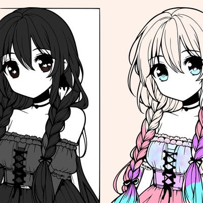 beautiful anime girl with long braid and dress