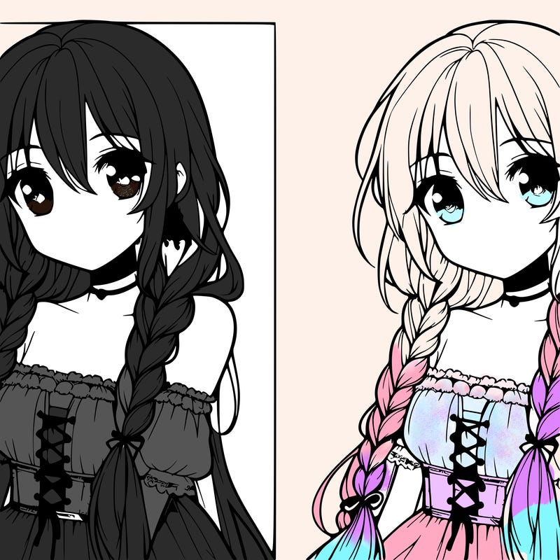 beautiful anime girl with long braid and dress