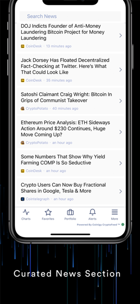 Screenshot of the Coinigy app Curated News Section showing a list of latest cryptocurrency headlines from various sources