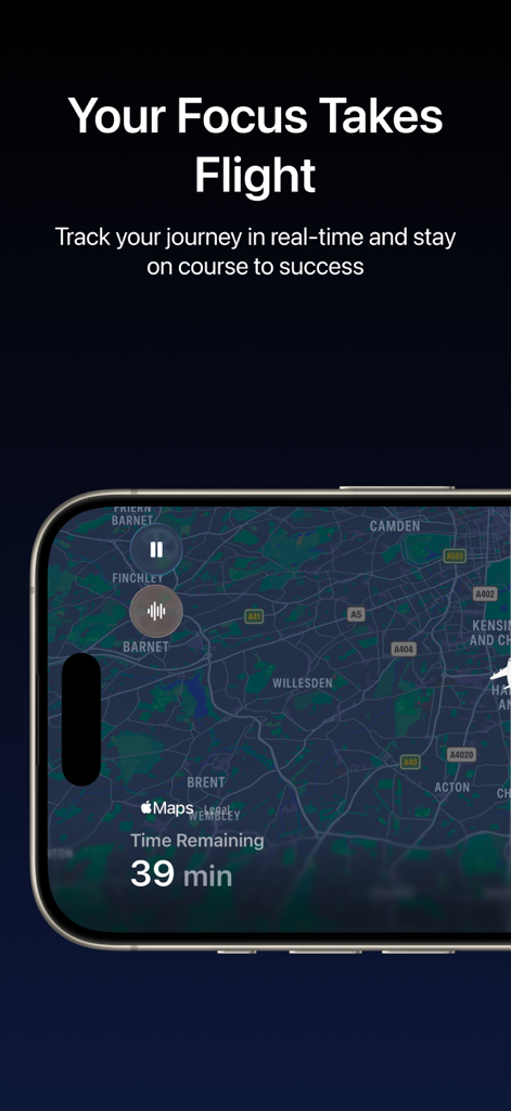 FocusFlight app interface showing a virtual map with a real-time focus timer and airplane journey