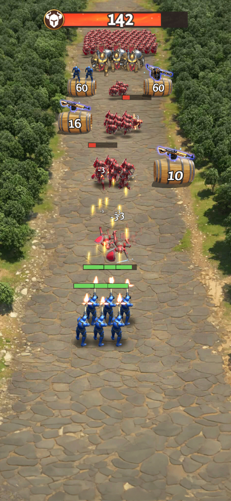 森の小道で赤軍ユニットを攻撃する青軍兵士を示している、Total Battle Strategy Gameの戦術的な戦闘シーン。