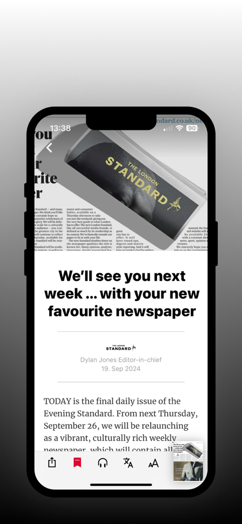 The London Standard - Smartphone screen showing a message from the editor in The London Standard app about its new weekly format