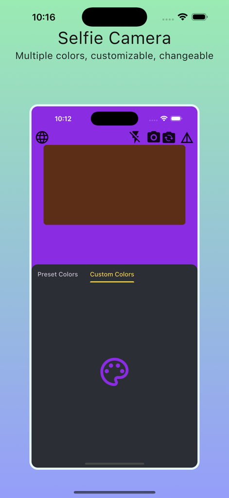 Interfaz de la aplicación Selfie Light Camera que muestra la selección de colores personalizados para efectos de iluminación.