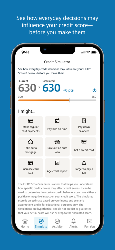 Capital One CreditWise - A smartphone screen displaying the Capital One CreditWise credit simulator which allows users to test how financial decisions affect their FICO score