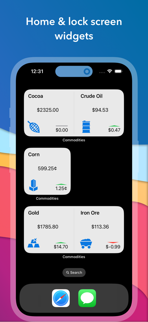 iPhone home screen displaying glanceable commodity price widgets for crude oil gold and corn