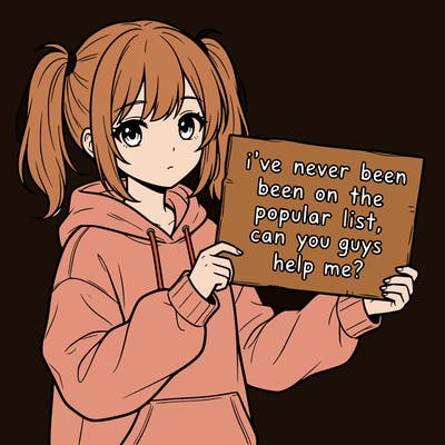 a cute anime girl with a sign saying  i’ve never been on the popular list, can you guys help me?