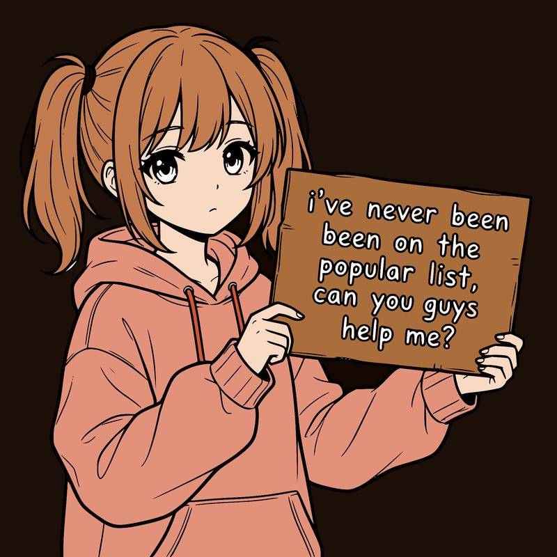 a cute anime girl with a sign saying  i’ve never been on the popular list, can you guys help me?
