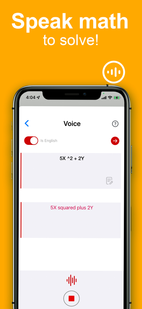 Math Solver Homework helper - A smartphone displaying the Math Solver app voice input screen with the text Speak math to solve