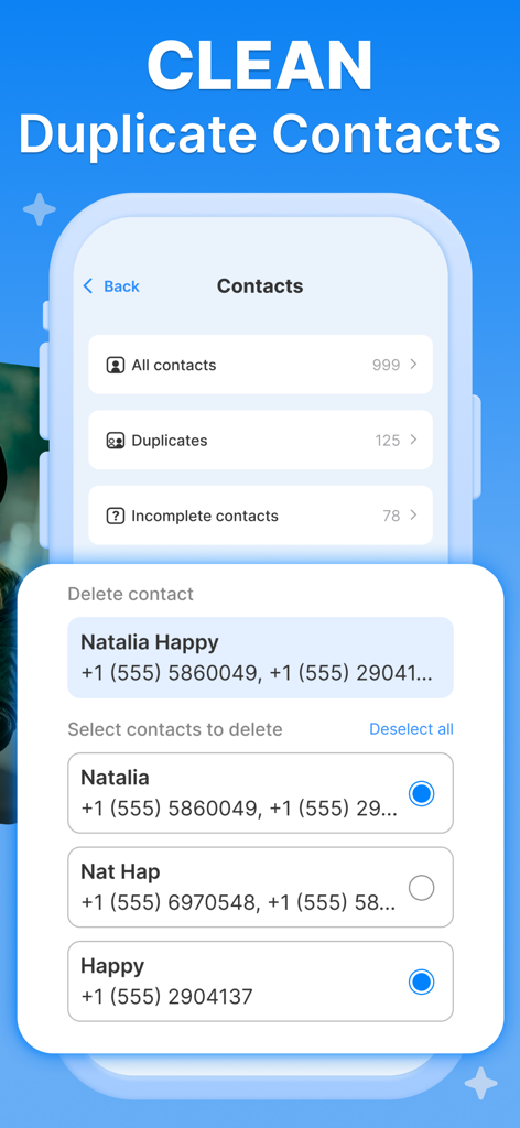 Smart Cleaner: Clean Up Fast - Smart Cleaner app interface showing options to merge or delete duplicate and incomplete contacts