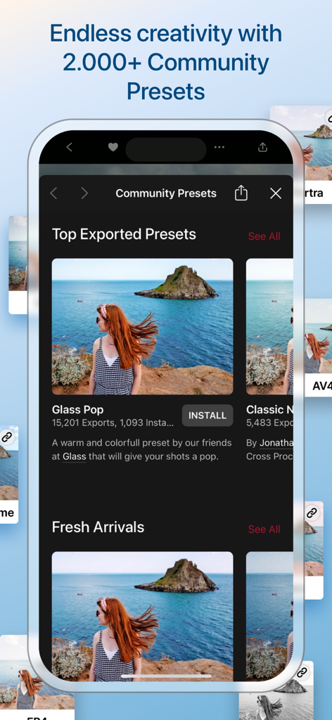 Darkroom: Photo & Video Editor - Darkroom App-Oberfläche mit einer Galerie von Community-Presets und Fotofiltern