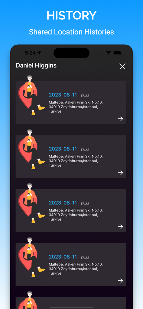 Tela do aplicativo móvel exibindo uma lista de históricos de localização compartilhados para um contato específico, incluindo datas e endereços.