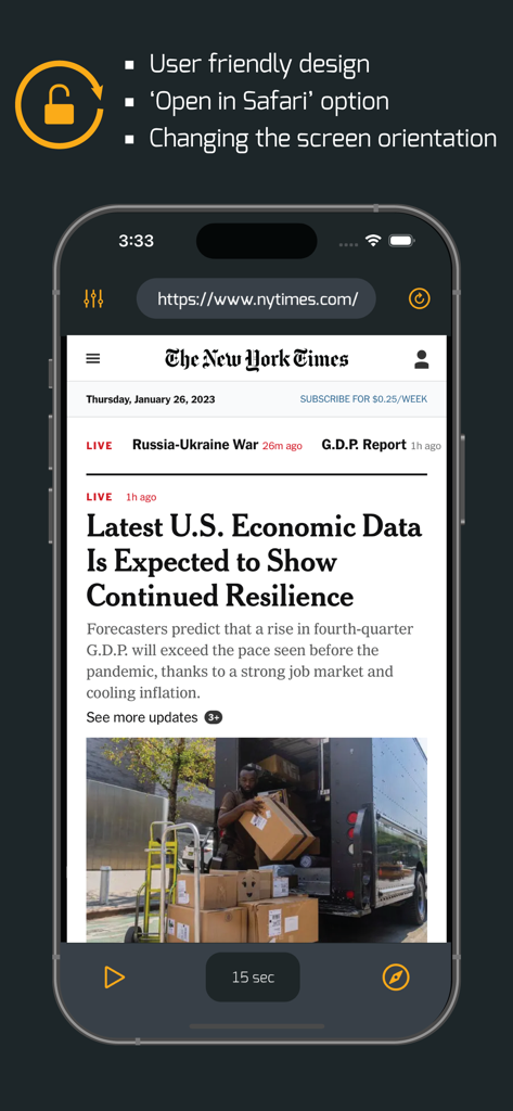 15秒の自動更新間隔が設定されたニュースWebサイトを表示するプライベートブラウザアプリのiPhoneスクリーンショット