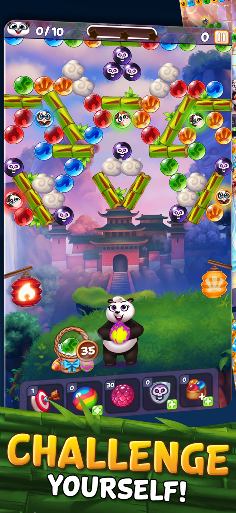 Tela do jogo atirador de bolhas Panda Pop mostrando quebra-cabeças de bolhas coloridas e um personagem panda