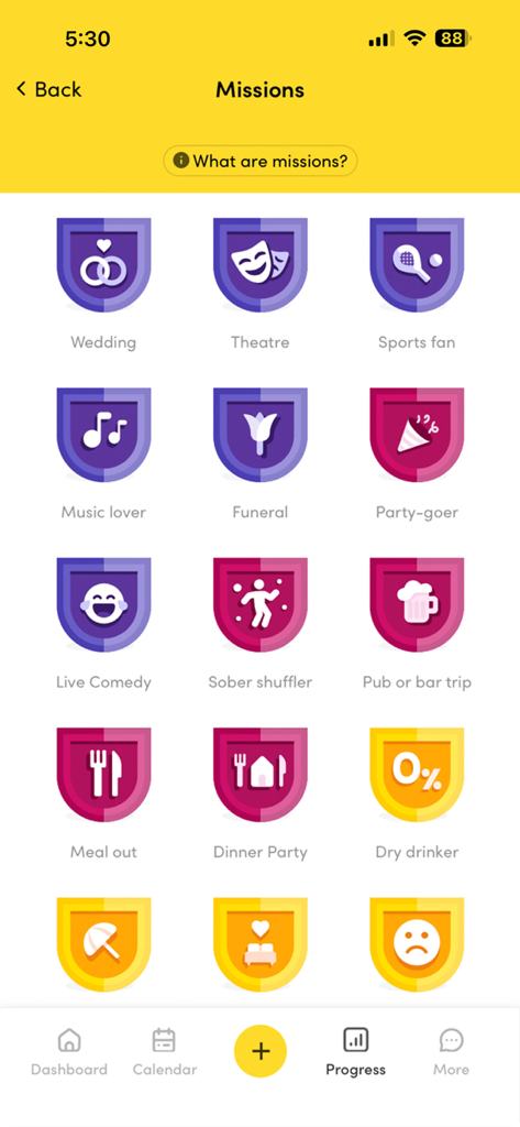 Try Dry app missions screen showing colorful achievement badges for sobriety during social events