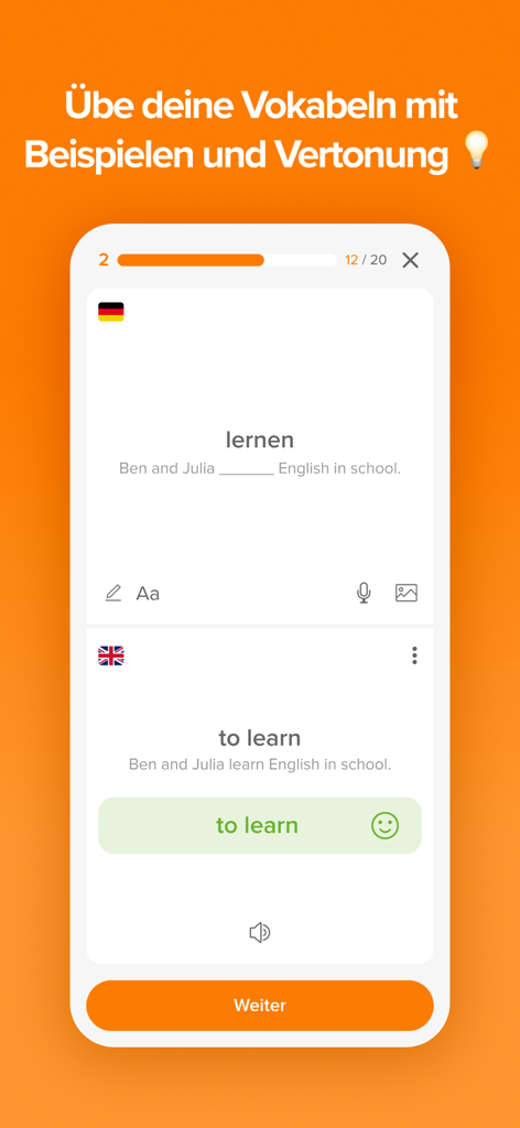 phase6: Practice vocabulary - Une session d'entraînement de vocabulaire dans l'application phase6 montrant les traductions de mots allemands et anglais avec des phrases d'exemple