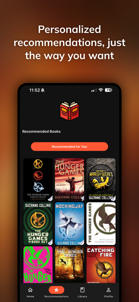 Readfolio: Book Tracker - Readfolio mobile app interface showing a list of personalized book recommendations including titles from The Hunger Games series.