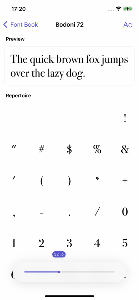 Font Book app preview screen for Bodoni 72 font showing text and symbols