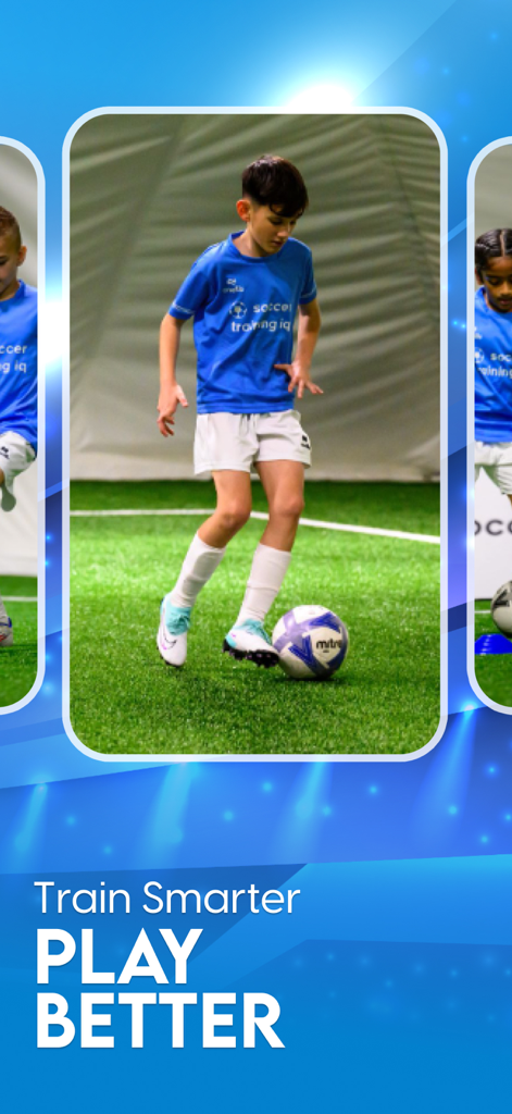 Soccer Training IQ - A young soccer player practicing ball control on an indoor field with the text Train Smarter Play Better