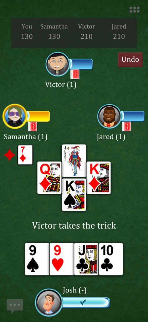 Card Game Joker - Gameplay of Card Game Joker showing players and card tricks on a green background.