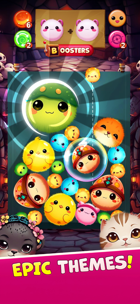 Cute animal characters merging in the Animal Suika mobile puzzle game with Epic Themes display.