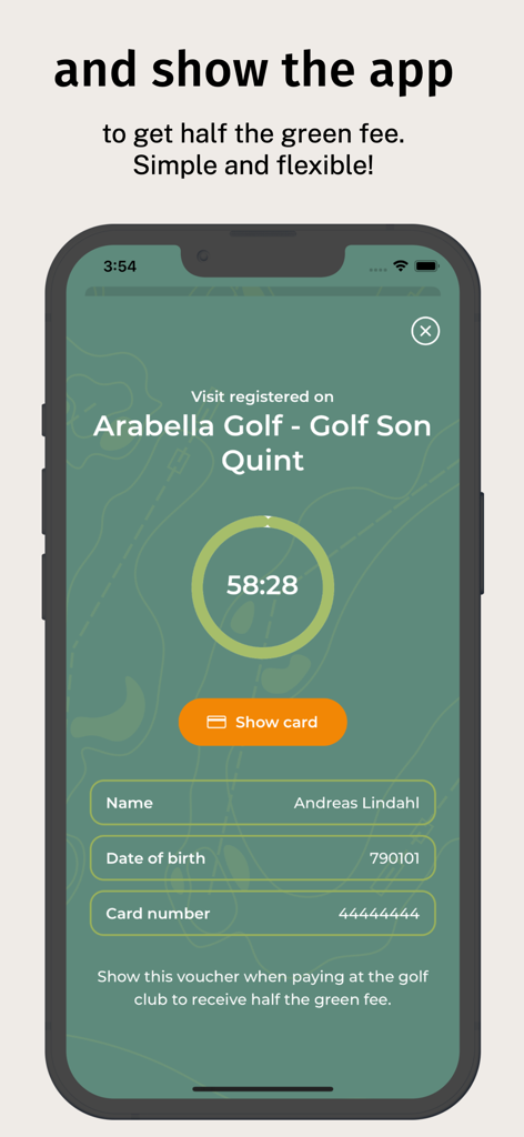 Pantalla de cupón de golf digital que muestra el registro de descuento de green fee a mitad de precio en Arabella Golf