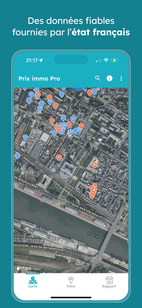 Prix Immo - Vente immobilière - Prix Immo app showing property sales data on an interactive map of France