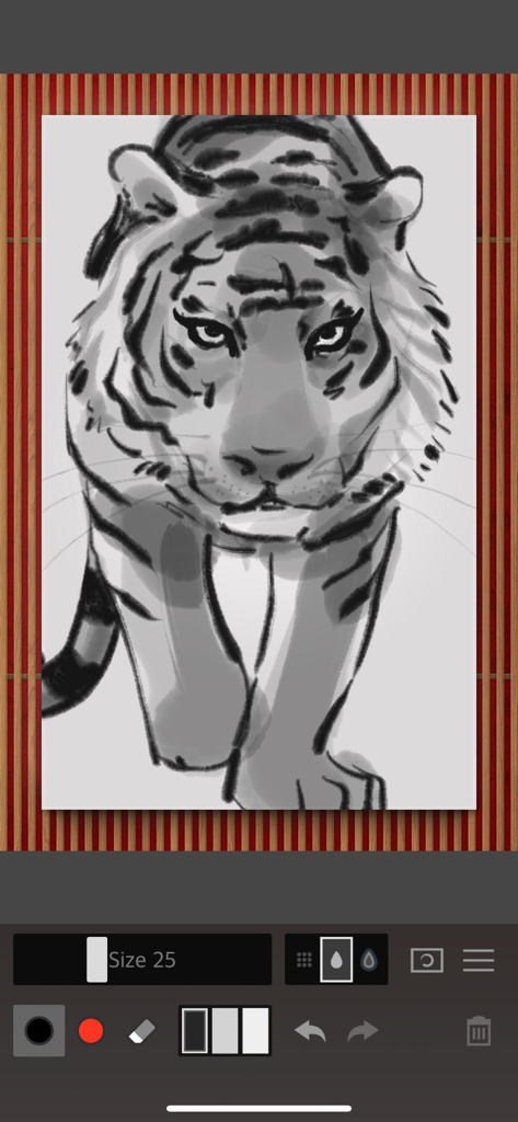 Une illustration au lavis à l'encre numérique d'un tigre créée avec l'interface de l'application Zen Brush 2