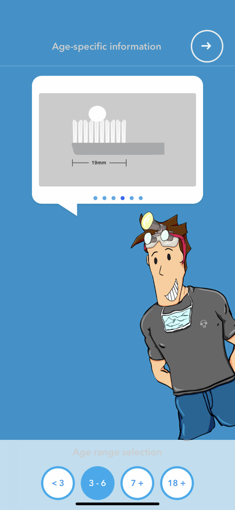 Brush DJ - Brush DJ age range selection screen with dental hygiene tips for kids