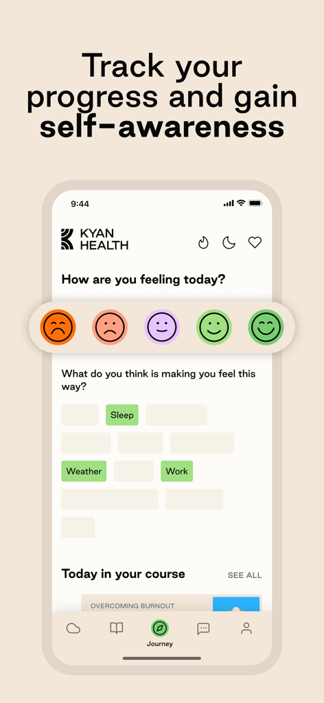 Kyan Health app interface showing mood tracking with emoji icons and tags for sleep weather and work