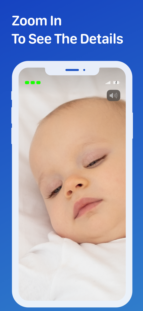 Cloud Baby Monitor - Cloud Baby Monitor 줌 기능을 보여주는 스마트폰 화면의 자고 있는 아기 클로즈업.