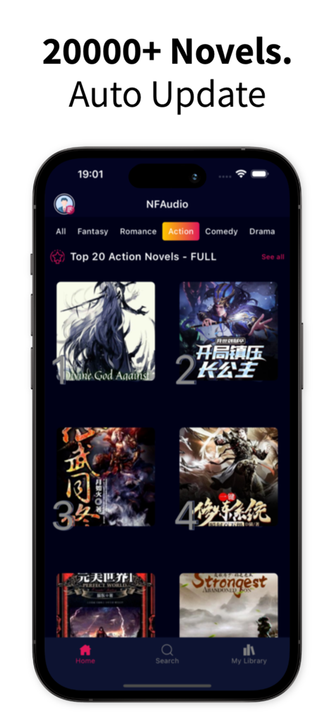 NovelFull Audio - NovelFull Audio mobile app interface showing top action novels and various genre categories.