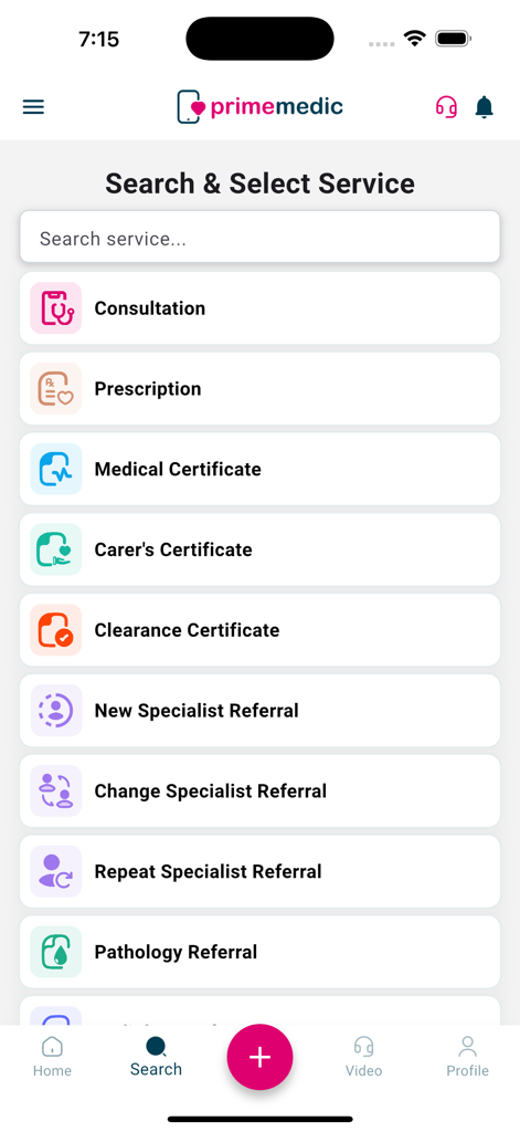 Prime Medic - Online Clinic - Prime Medic app interface showing telehealth services including consultations prescriptions and medical certificates