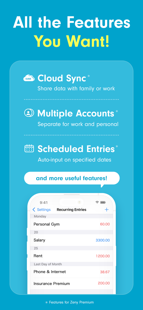 Easy Budget Money Tracker Zeny - Uma lista de recursos premium para o aplicativo rastreador de orçamento Zeny, incluindo sincronização em nuvem, várias contas e entradas recorrentes agendadas