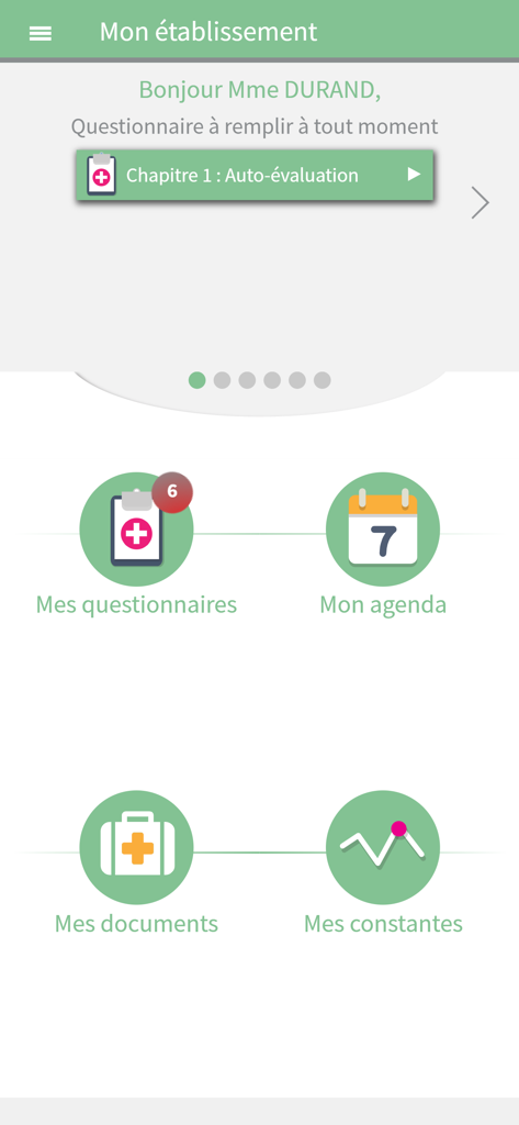 User interface of the CHL At Home medical app featuring patient questionnaires, schedule, and health documents.