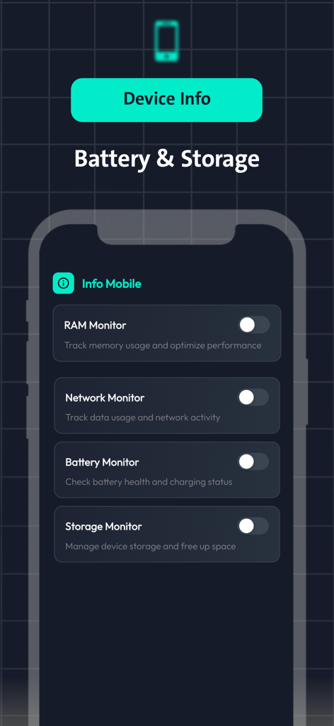 FFH Quatro - Interface of FFH Quatro app featuring RAM network battery and storage monitors for device optimization