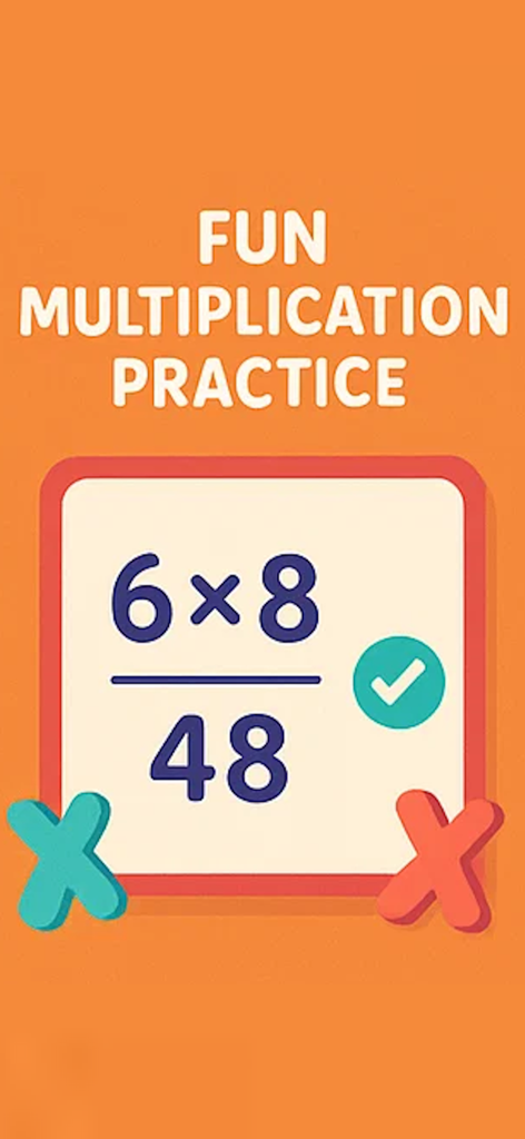 Times Tables - Test and Learn - Pantalla de práctica divertida de multiplicación que muestra seis por ocho igual a cuarenta y ocho con una marca de verificación verde.