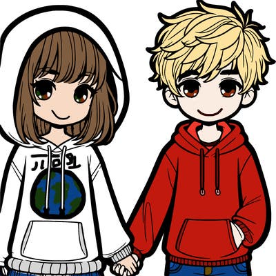 a girl with almost less than medium length hair that is feathered with a hoodie, accompanied by a boy with messy short hair, freckles, and a hoodie. they are holding hands.