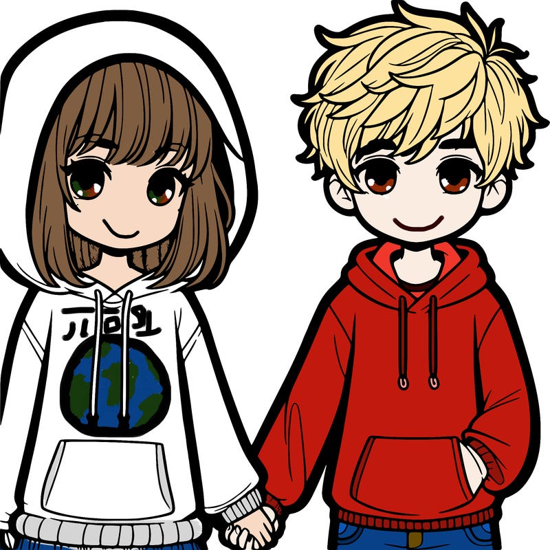 a girl with almost less than medium length hair that is feathered with a hoodie, accompanied by a boy with messy short hair, freckles, and a hoodie. they are holding hands.