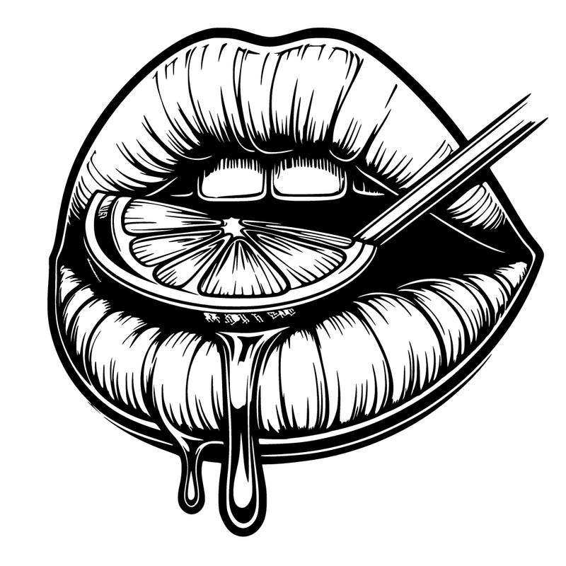 realistic lips with drip, taking a bite of a lemon slice