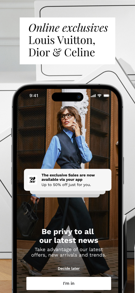 24S: Luxury Fashion Designers - 24S mobile app screen featuring exclusive luxury fashion deals and notifications for Louis Vuitton and Dior