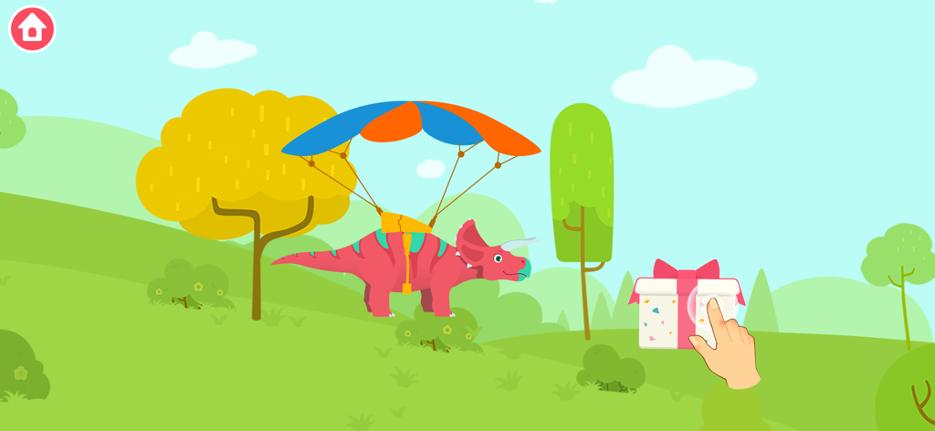 Un triceratops rose avec un parachute coloré atterrissant près d'une boîte cadeau