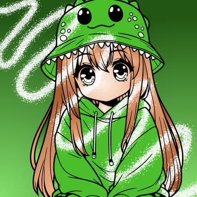 girl with anime shaped eyes with a dinosaur bucket hat oversized sweatshirt long straight hair