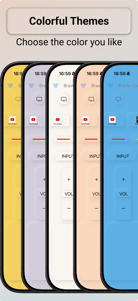 Bravia Controller app displaying multiple colorful interface themes for Sony TV remote control
