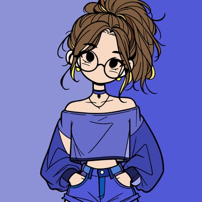 girl with a messy ponytail glasses a baggy crop top and jean shorts