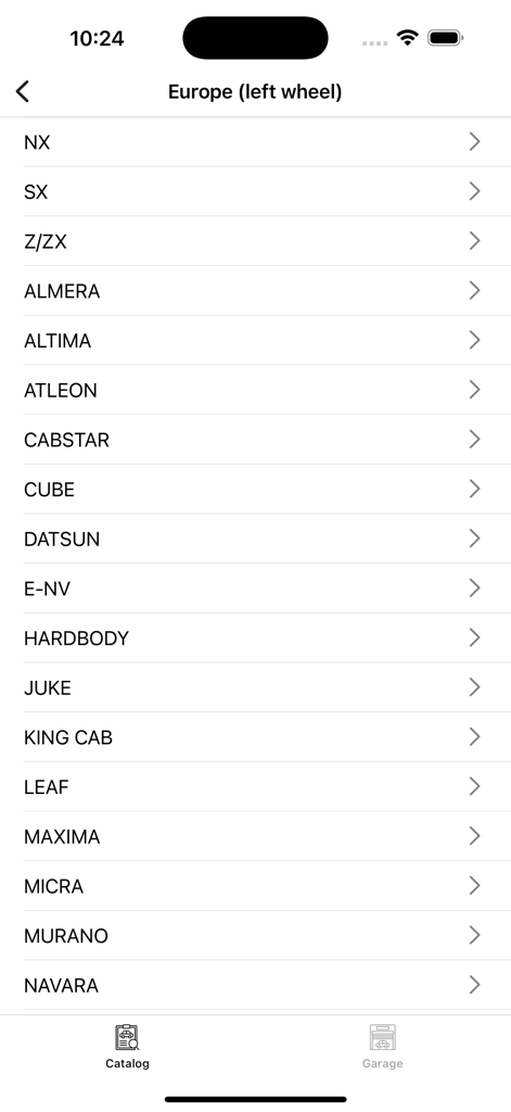 Car parts for Nissan (EPC) - A list of Nissan car models including Altima and Juke in the parts catalog app