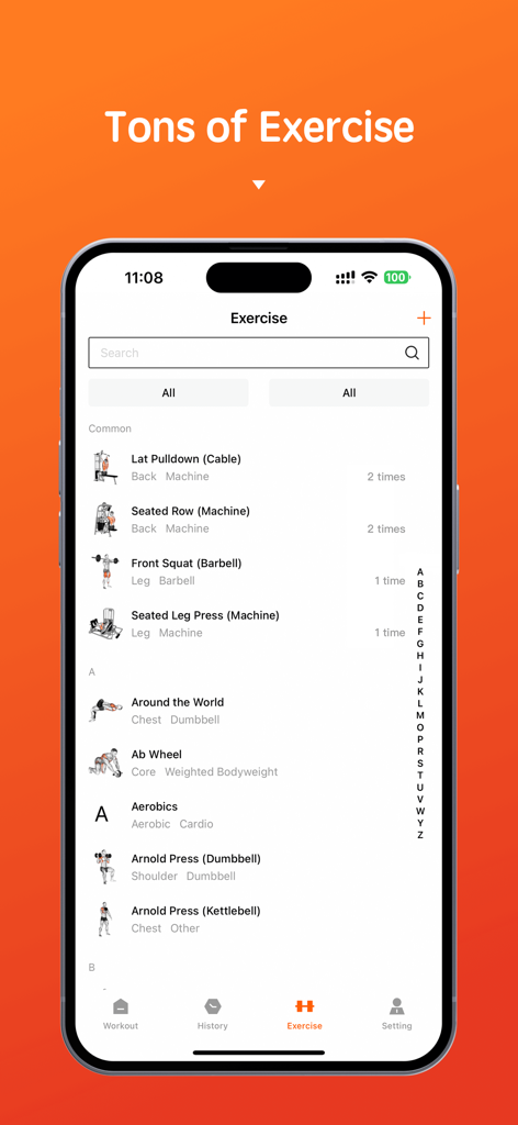 Gym Workout Tracker . - Pantalla de la biblioteca de ejercicios con una barra de búsqueda y una lista de entrenamientos en la aplicación Gym Workout Tracker