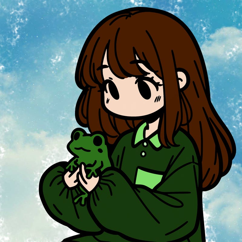 girl with long hair and a oversized shirt. and she is holding a frog