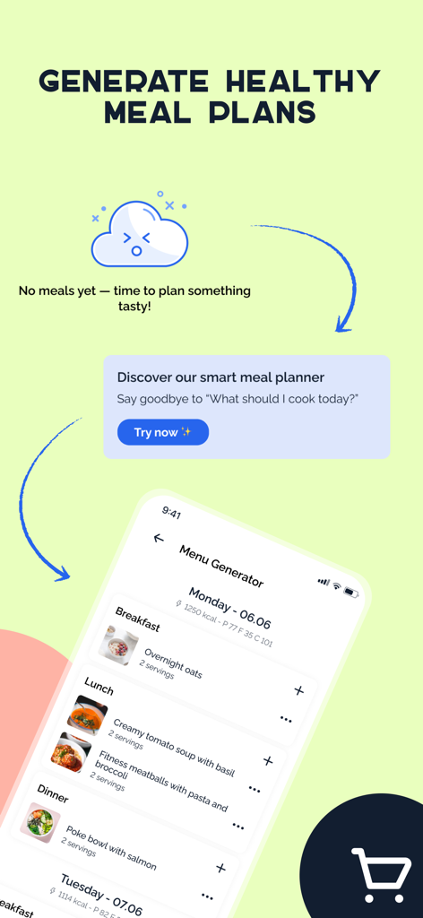 Interface of the Plate app showing a daily menu generator with healthy meal options for breakfast lunch and dinner.