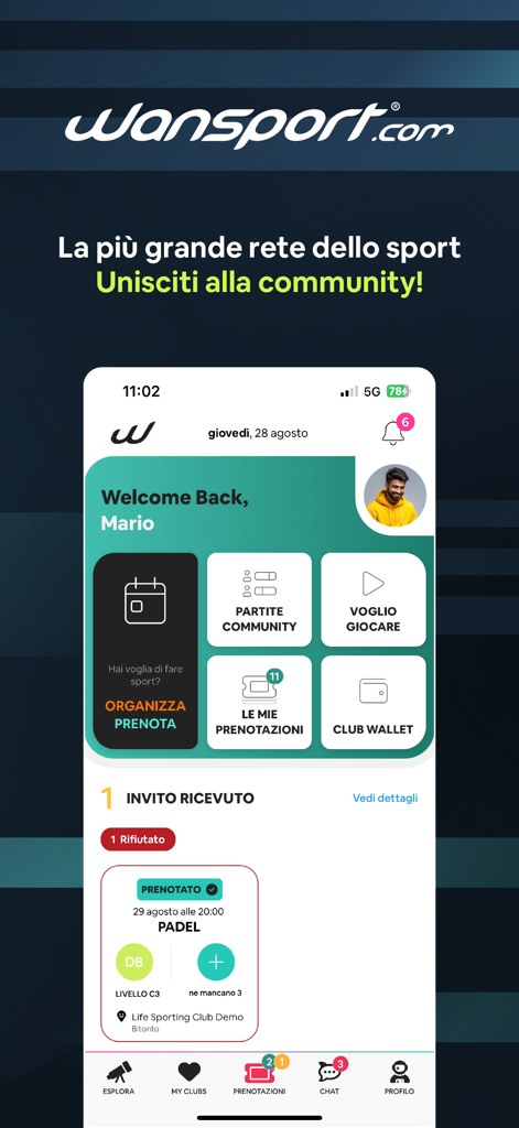 Wansport - Wansport app dashboard showing options to organize games and book Padel courts