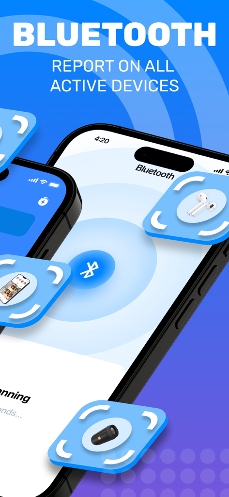 Smartphone screen displaying a bluetooth device search interface to detect active nearby electronics like headphones and speakers.